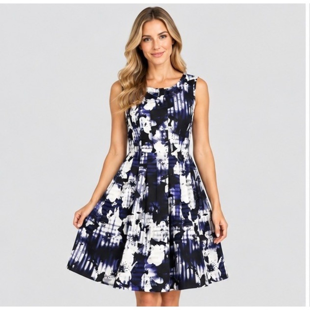 Vince Camuto Womens 14 Purple Floral Fit & Flare Pleated Sleeveless Boho Dress